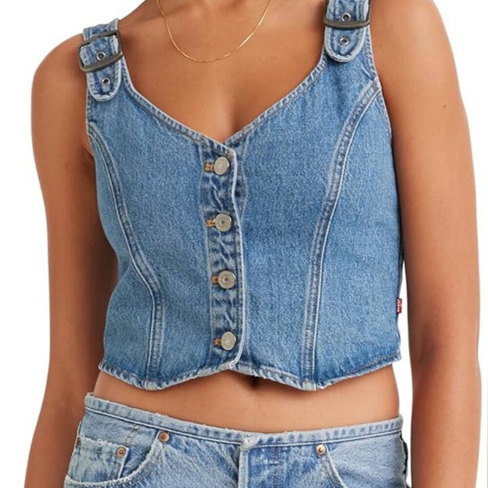 NWOT Levi's Women's Charlie Denim Crop Top, Indigo Stonewash, Large